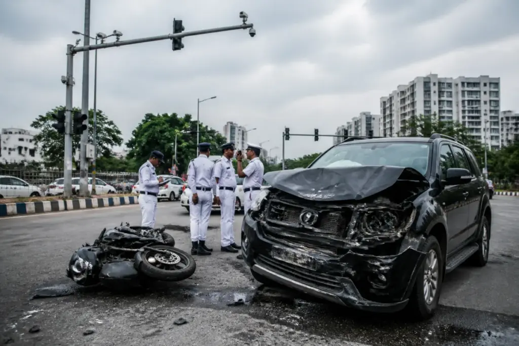 Police investigation after a Kolkata road crash near the EM Bypass