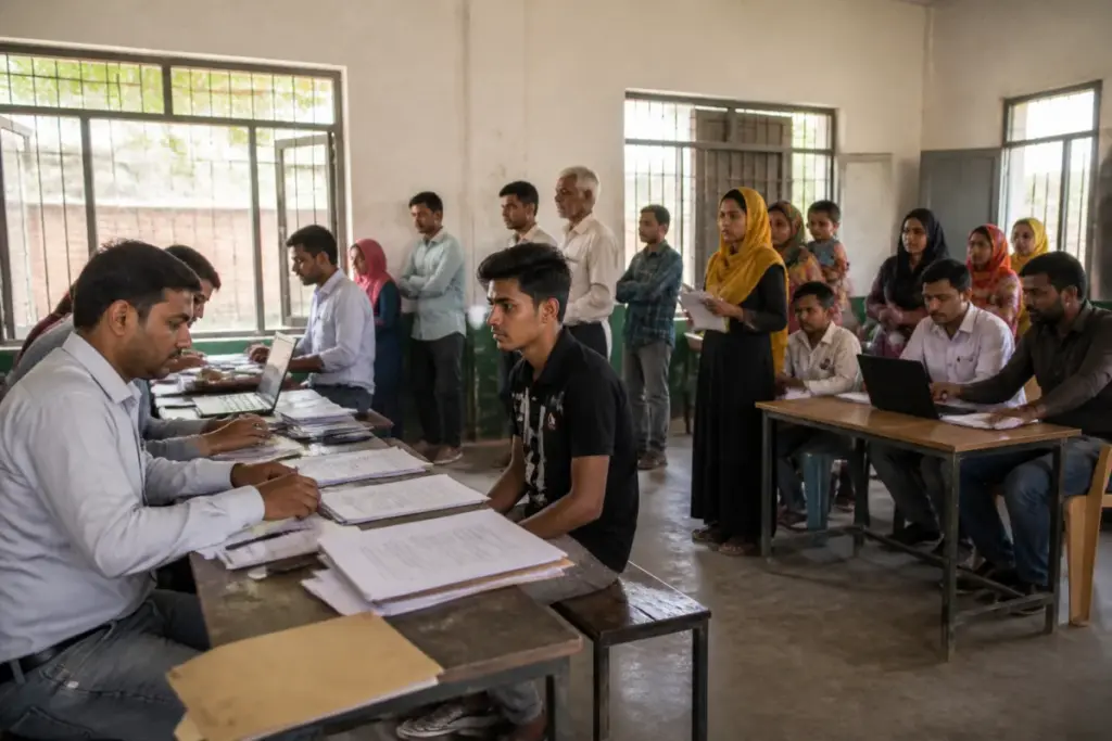 Noida voter roll revision camp with residents completing electoral forms at a polling booth