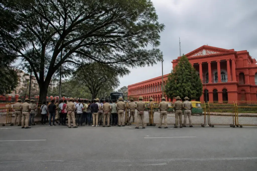 Bengaluru protest barricades and police deployment near Town Hall