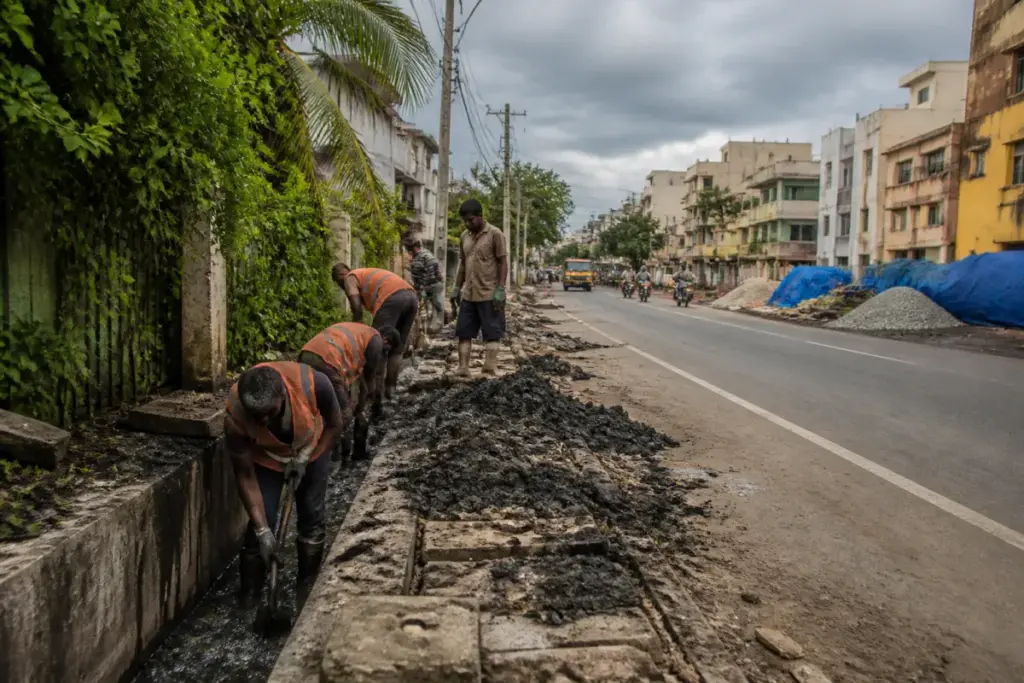 Chennai monsoon preparedness works on a road beside a stormwater drain