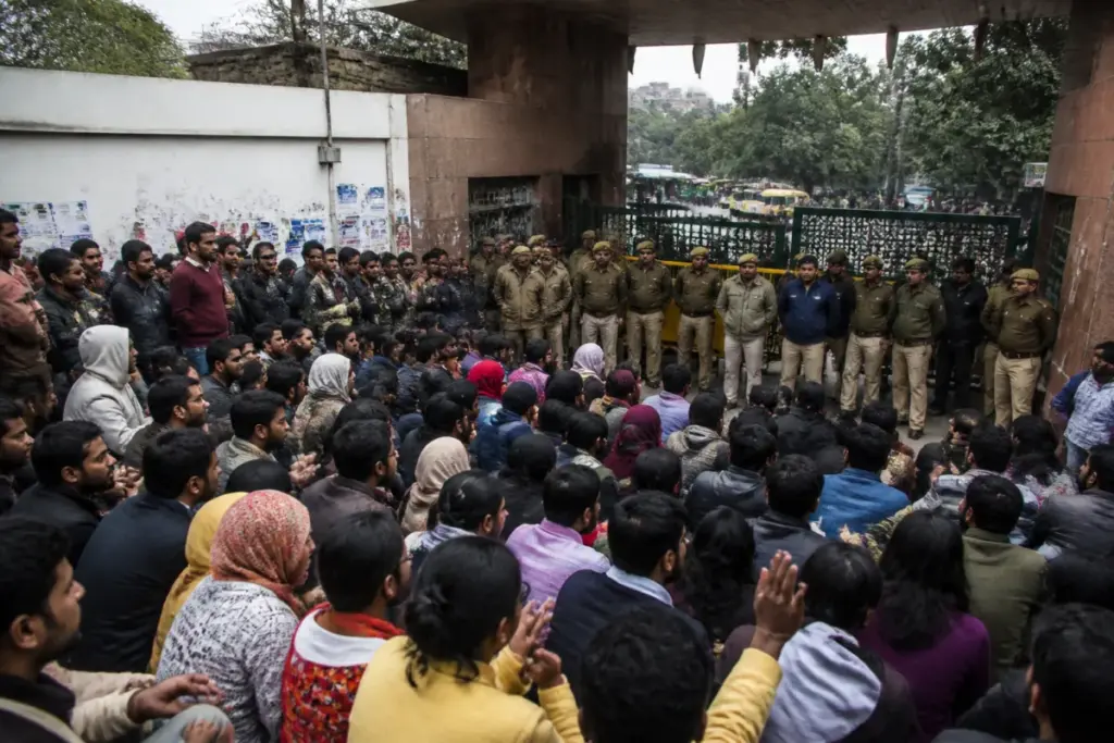 Jamia protest outside Jamia Millia Islamia with police and students near the campus gate