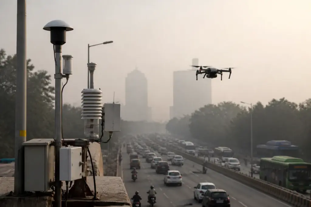 NCR air pollution monitoring with sensors and drones over a Delhi road