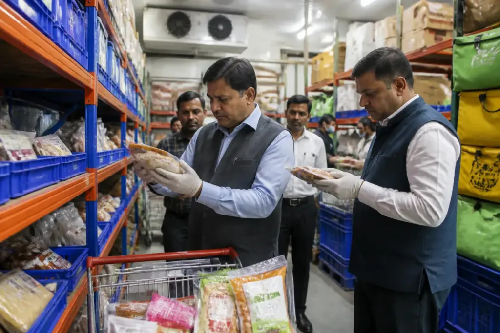 Delhi food safety officials inspecting packaged food at a retail storage facility