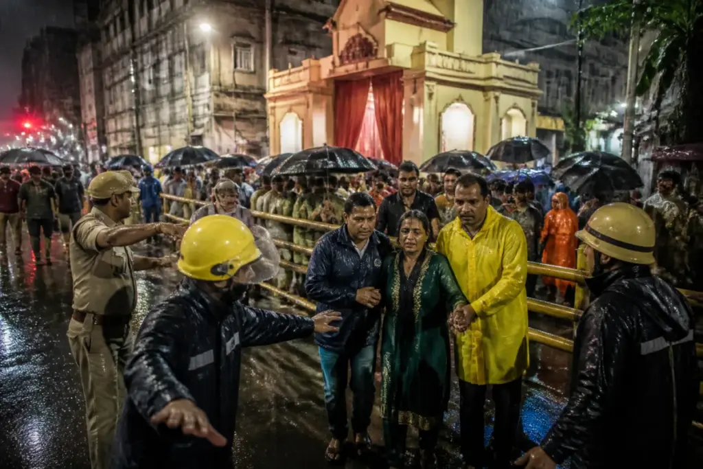 Kolkata Durga Puja stampede site with crowds outside a temporary pandal during rain
