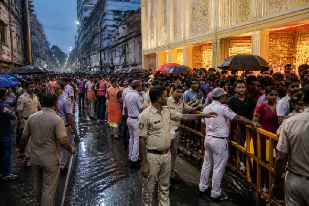 Crowd management outside a rain-soaked Kolkata Durga Puja pandal