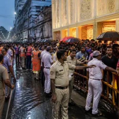 Crowd management outside a rain-soaked Kolkata Durga Puja pandal