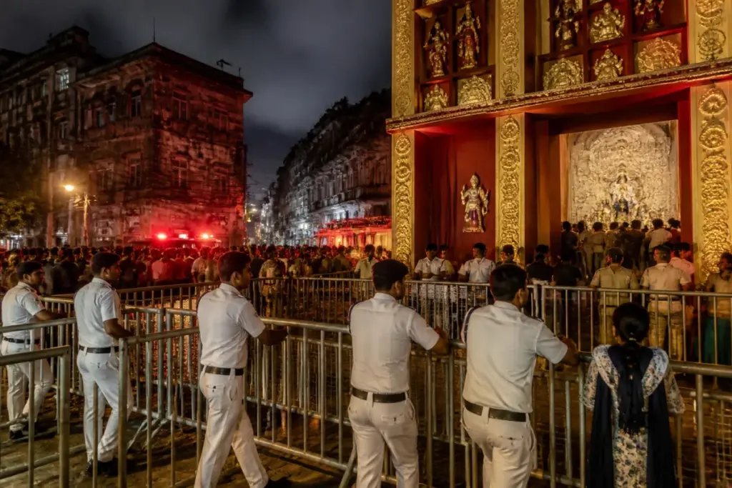 Police barricades outside the Chorbagan puja mandap after the Kolkata puja stampede