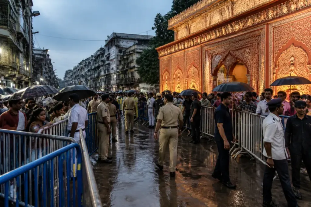 Kolkata pandal stampede site with barricades and crowds near a Durga Puja venue