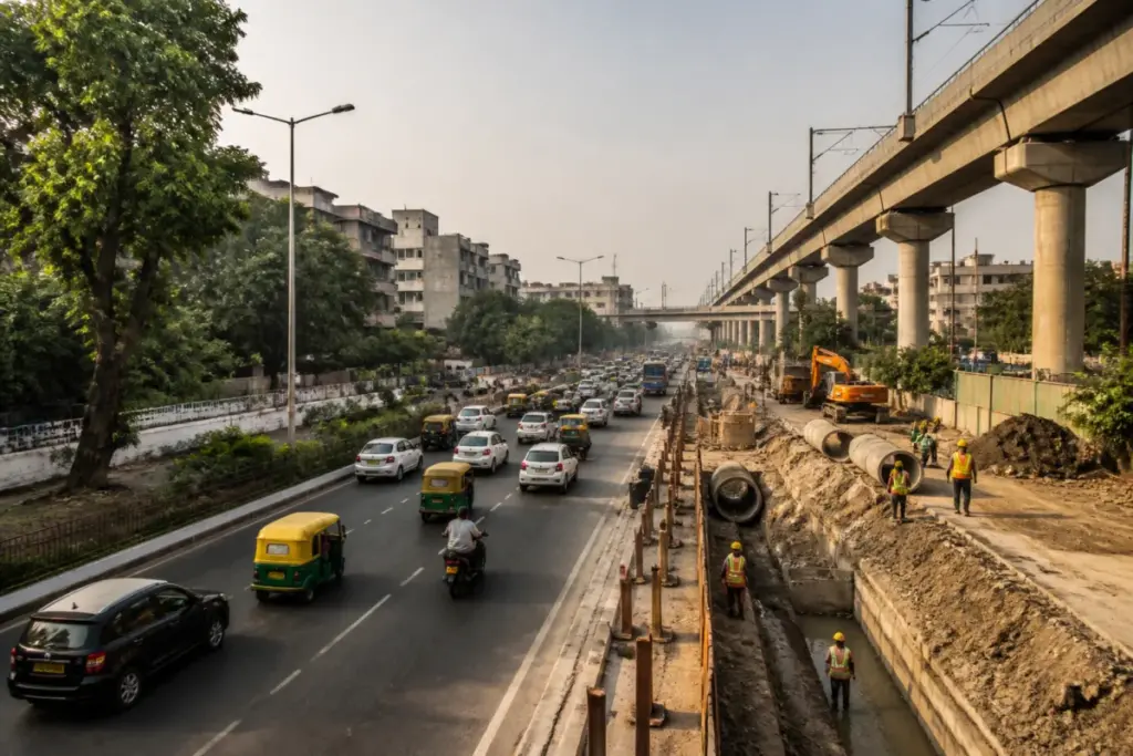 South Delhi development works with a highway, urban infrastructure and construction activity in Delhi