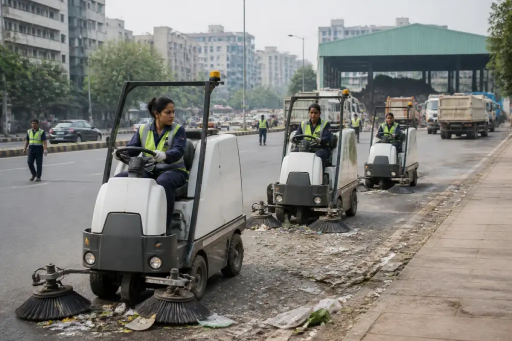 Delhi mechanical litter pickers being deployed for road and public-space cleaning