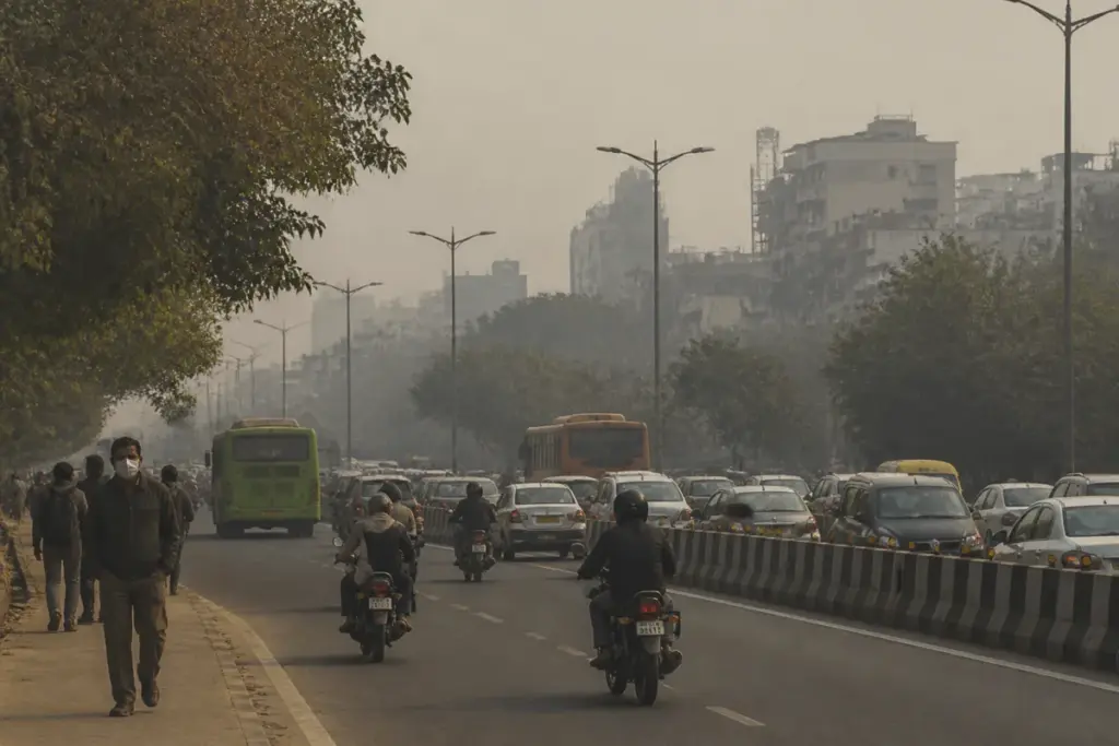 Delhi AQI pollution haze over a busy road with traffic and residential buildings