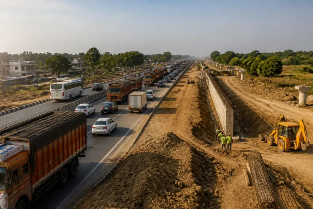 Nagpur-Bhandara highway six-laning project on NH-53 with heavy traffic and road construction