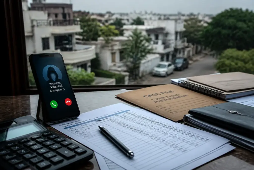 Chandigarh digital arrest scam warning represented by a phone and cybercrime investigation documents
