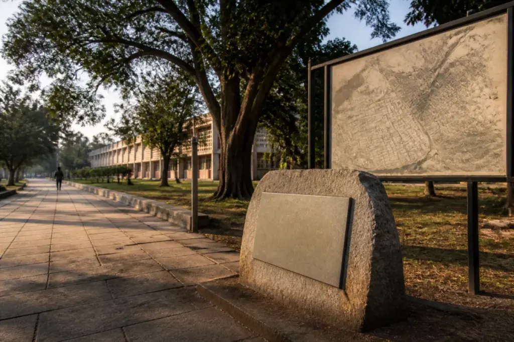 Chandigarh displaced villages history represented through a campus memorial and city map