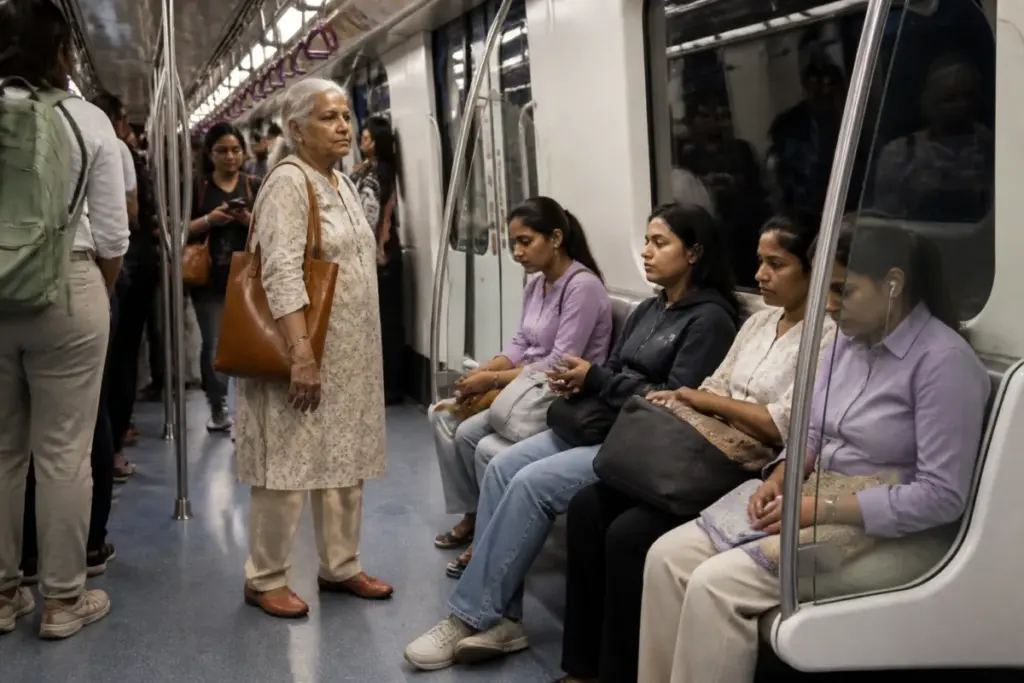 Bengaluru Metro coach showing reserved seating and standing passengers