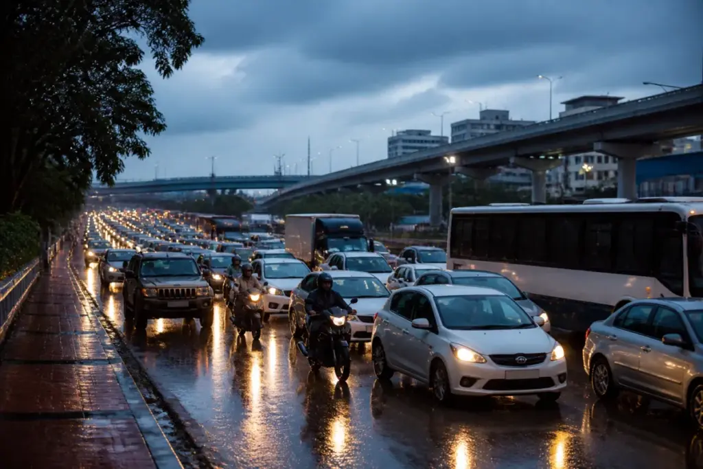 Bengaluru traffic jam with vehicles queued on a rain-soaked highway during Dasara travel