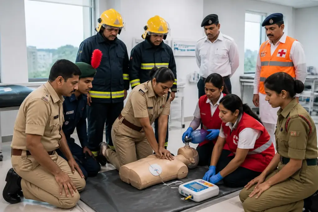 First responder training in Bengaluru with participants practising emergency first aid techniques.