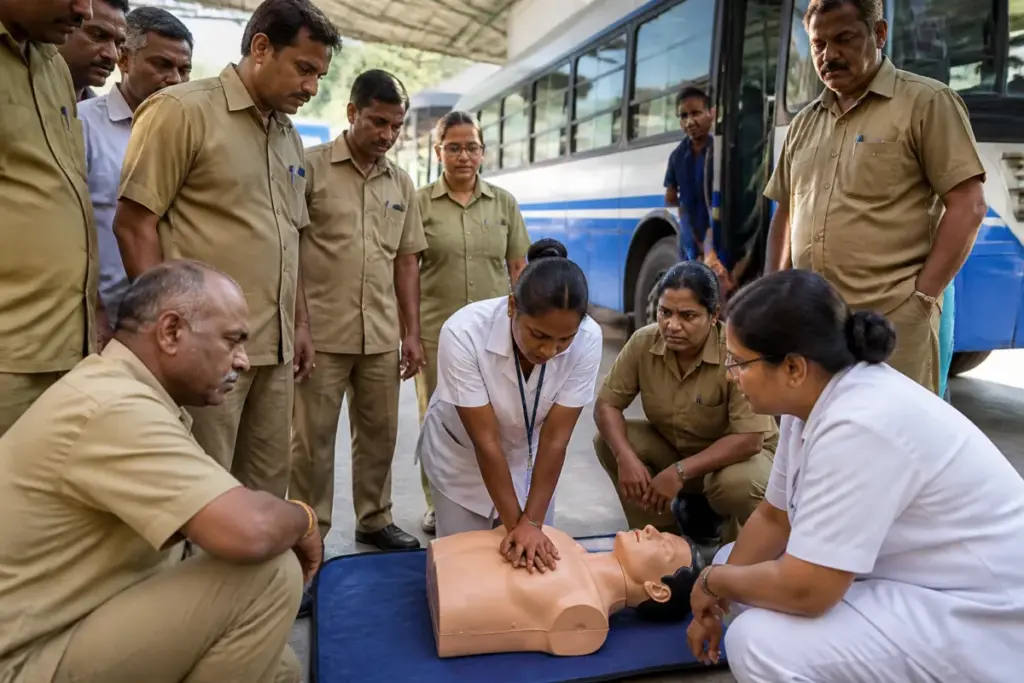 BMTC CPR training session for drivers and conductors at a Bengaluru bus depot