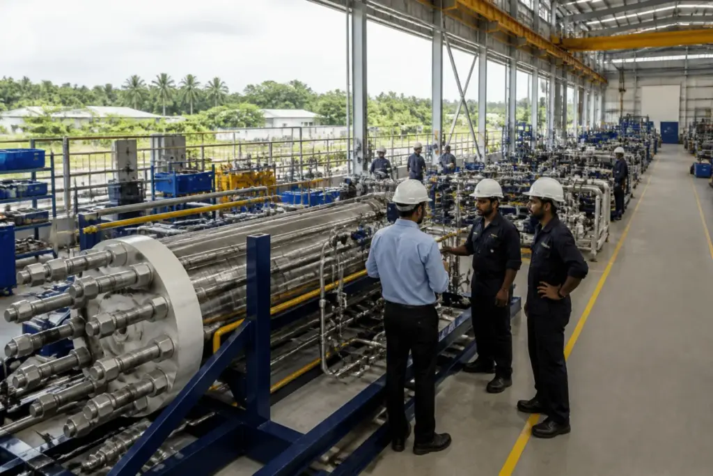 Mangaluru electrolyser plant at Ganjimath with industrial equipment and hydrogen technology systems