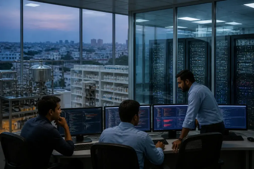 Ahmedabad pharma cyberattack represented by a pharmaceutical facility and a cybersecurity operations screen
