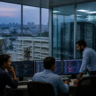 Ahmedabad pharma cyberattack represented by a pharmaceutical facility and a cybersecurity operations screen