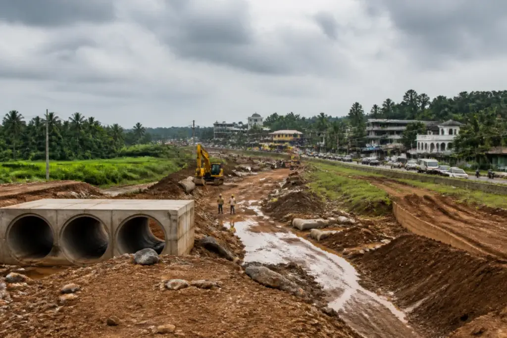 Perumbavoor bypass construction site and congested roads in Kerala