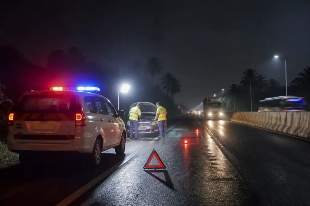 Kerala highway patrol squad vehicle equipped for night-time road safety and emergency response