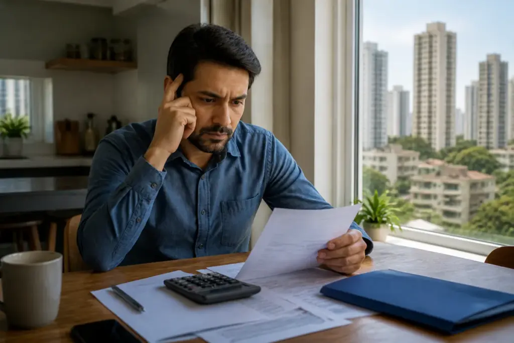 SBI home loan rates displayed alongside a home-loan borrower reviewing EMI documents