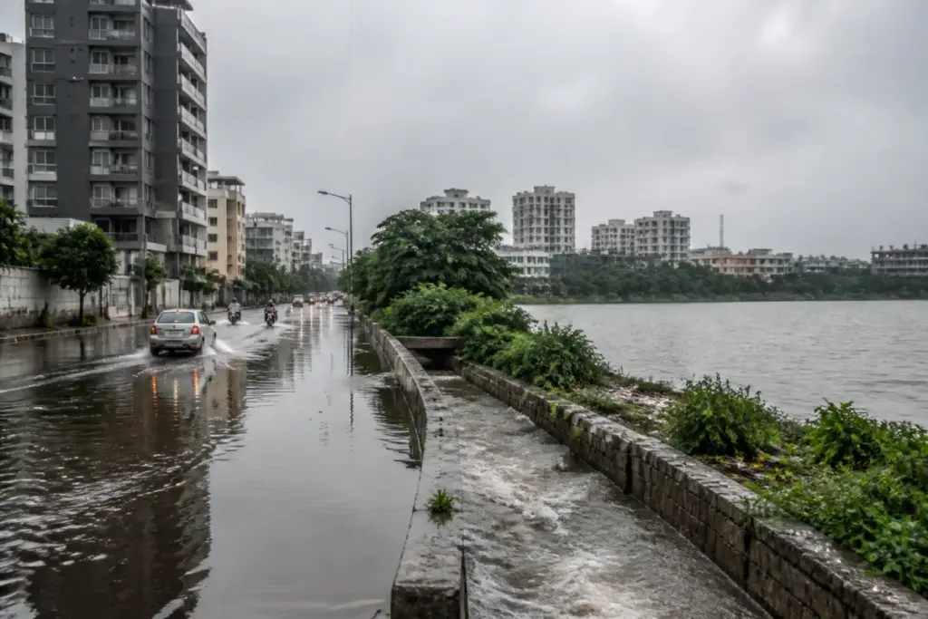 Bengaluru groundwater crisis illustrated by a flooded urban road beside a shrinking lake
