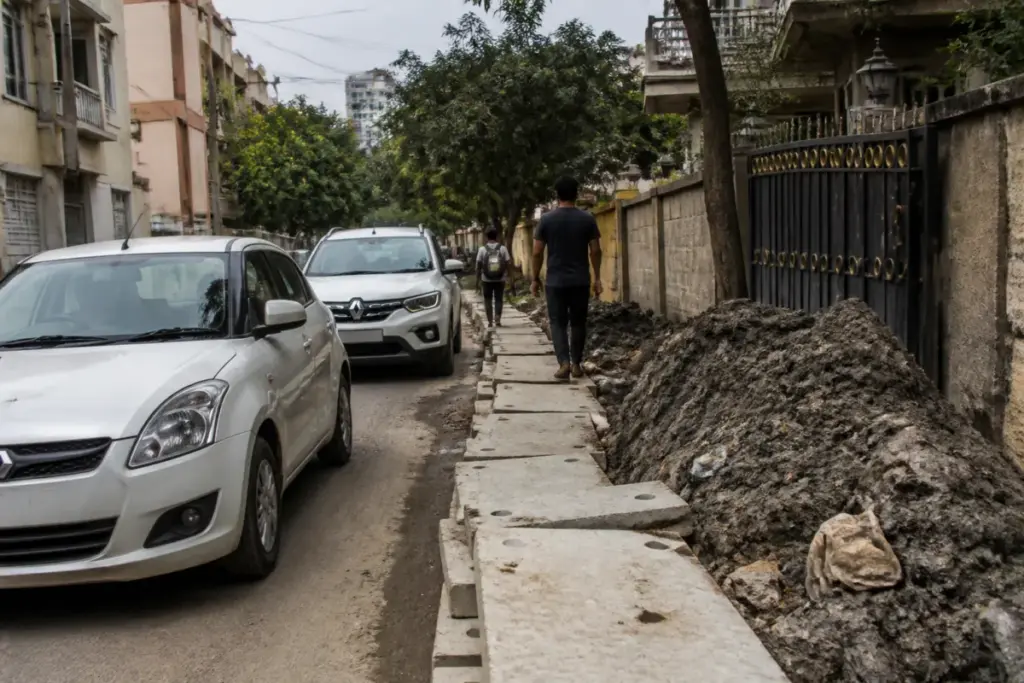 Kasturba Road hazard with roadside debris and cement slabs narrowing traffic space in Bengaluru