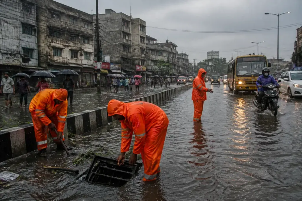 Chennai rain flooding a city road as civic workers respond during heavy monsoon showers