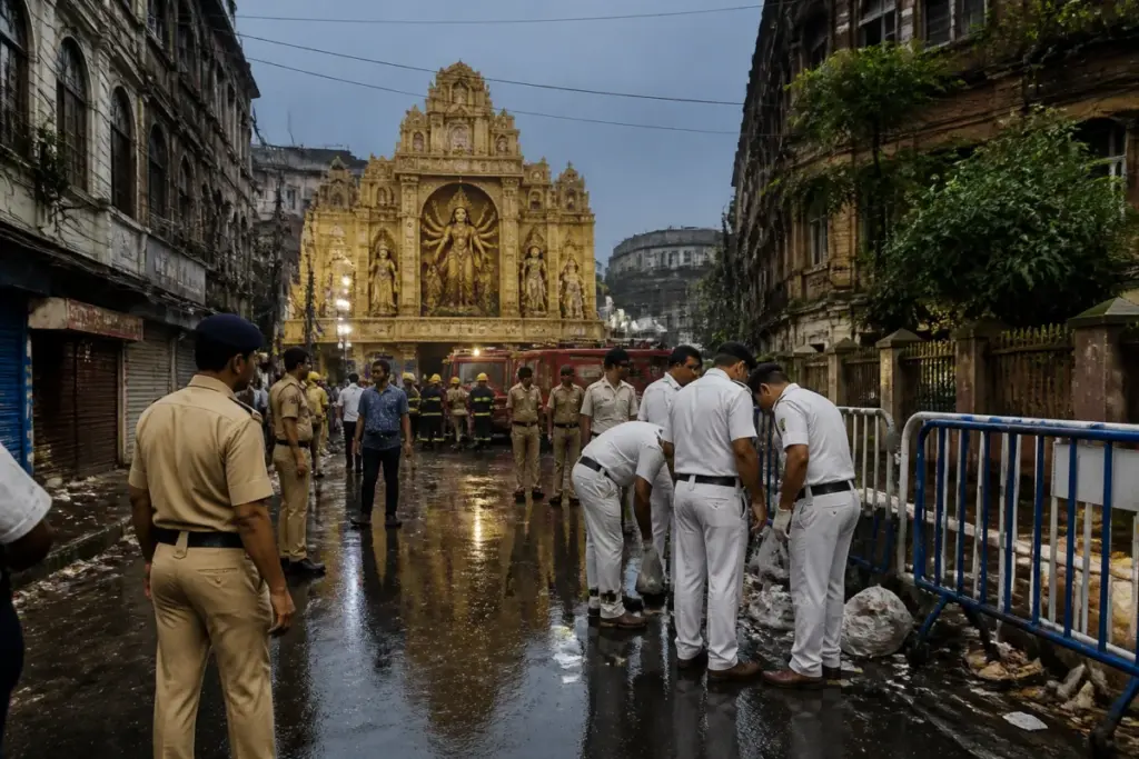 Kolkata pandal stampede site with police barricades and a crowded approach road