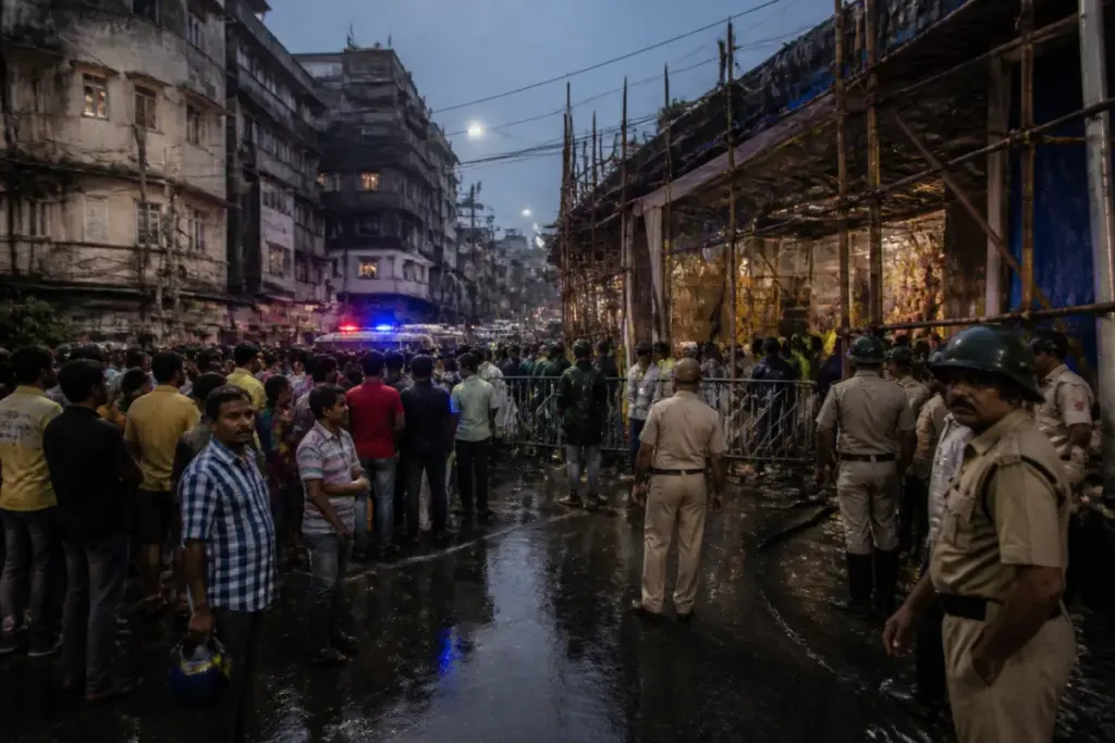 Kolkata pandal stampede aftermath near a crowded Durga Puja venue
