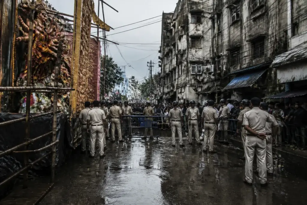 Kolkata stampede site near a crowded Durga Puja pandal under police restrictions