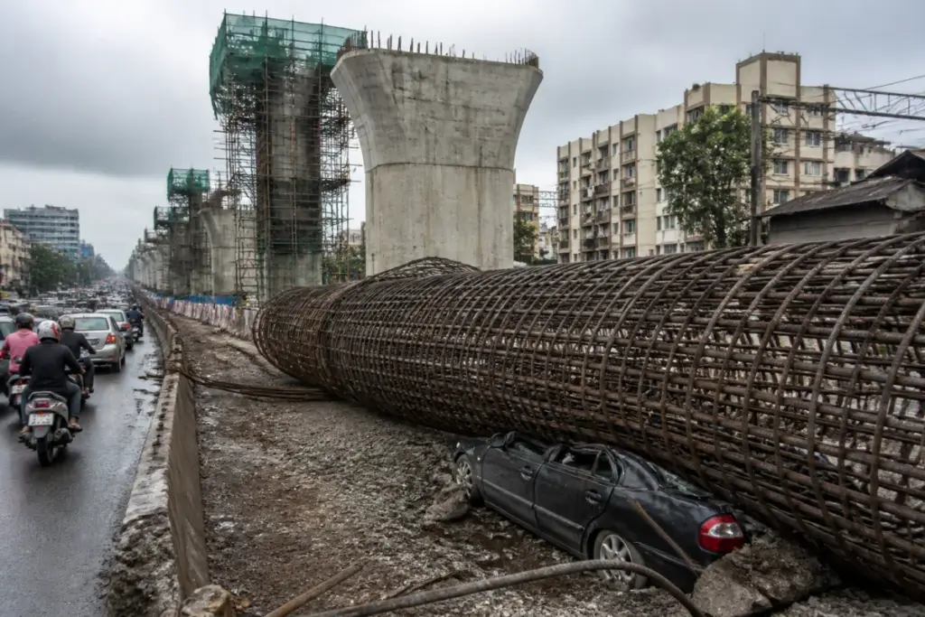 Mumbai construction accident site near the Eastern Express Highway with a collapsed steel reinforcement cage