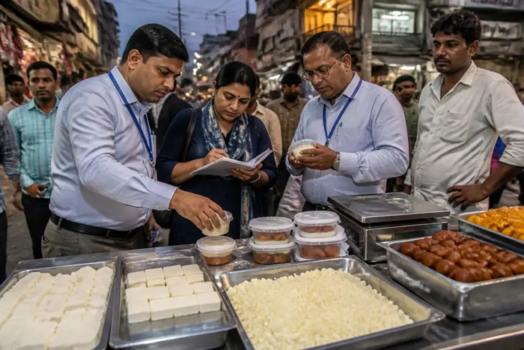 Khoya adulteration inspection involving dairy products and sweets in a Delhi market