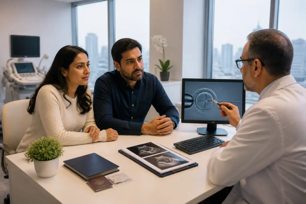 Fertility tourism represented by an Indian couple at an international fertility clinic