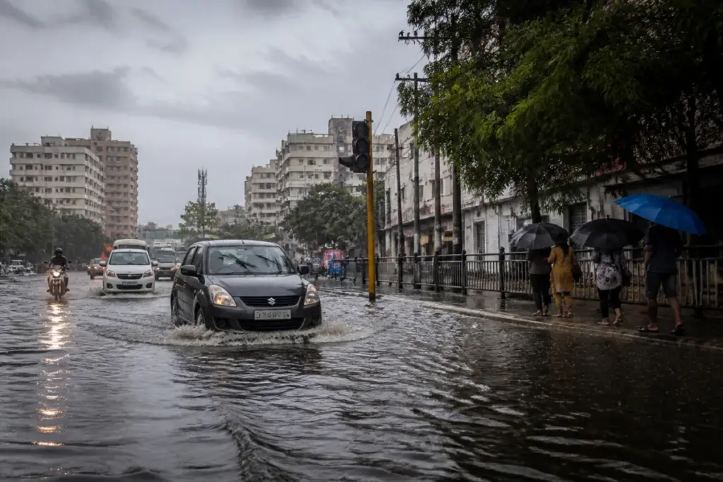 Chennai heavy rains flooding a city road during the northeast monsoon