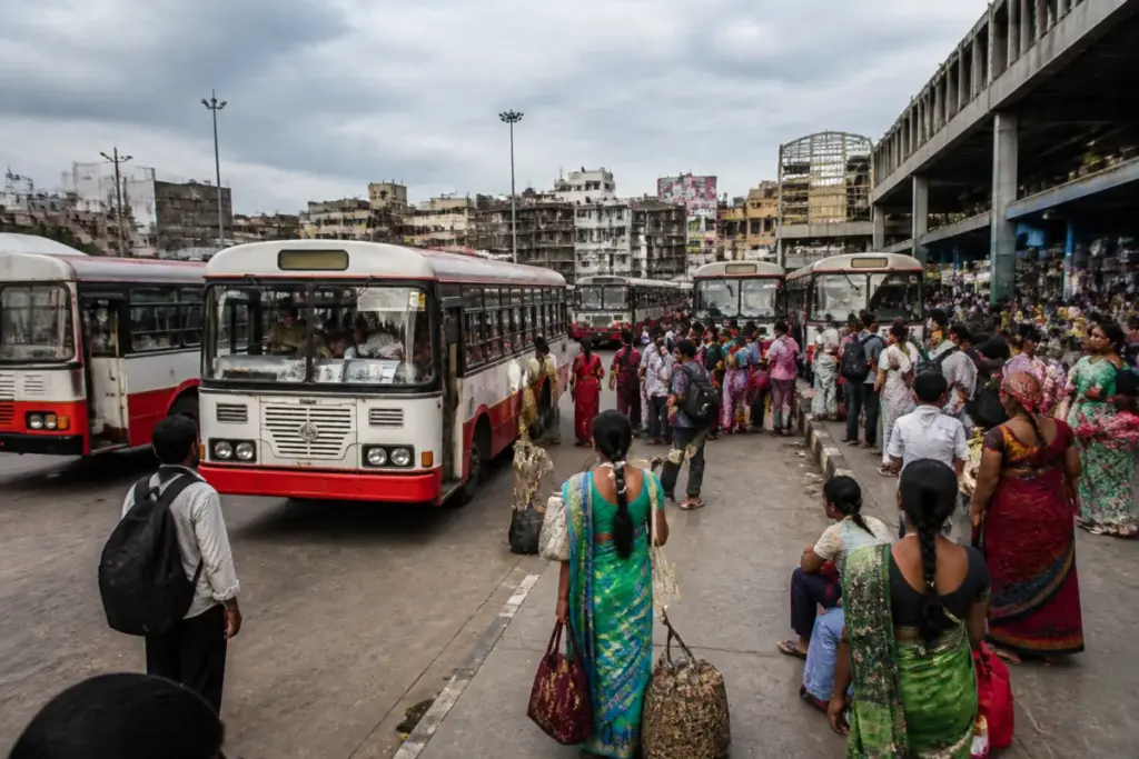 Telangana bus fares displayed at a busy Hyderabad bus station during the festival travel rush