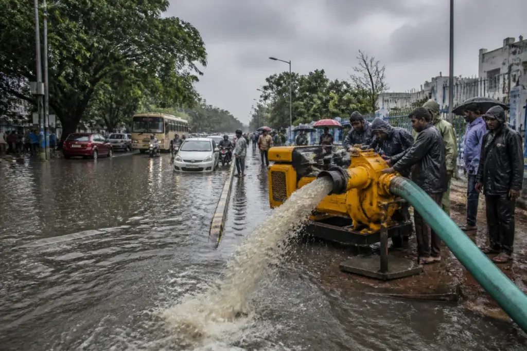 Chennai orange alert as rainwater accumulates on a city road during heavy monsoon rainfall