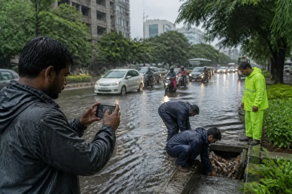 Chennai monsoon complaints being reported during heavy rain on a flooded city street