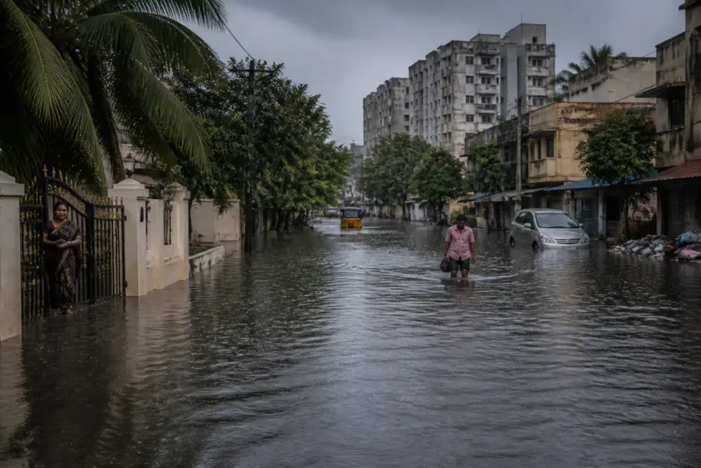 Chennai rainfall flooding a city street during the northeast monsoon