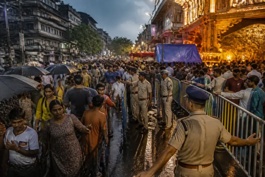 Chorbagan stampede aftermath near a Kolkata Durga Puja pandal