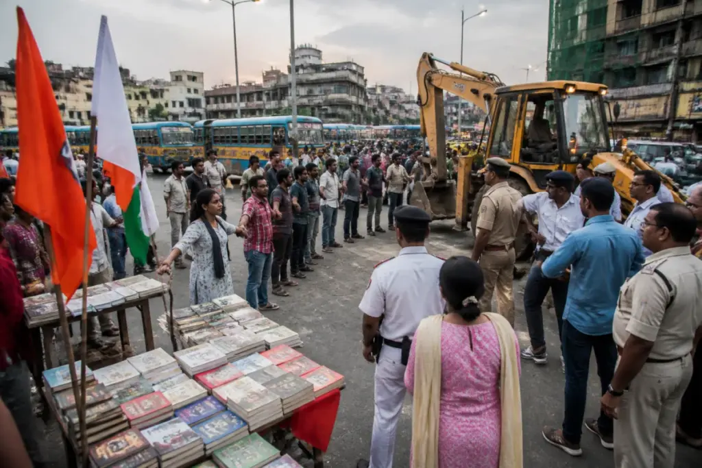 Jadavpur book stall surrounded by CPM supporters and police near Kolkata’s 8B bus stand