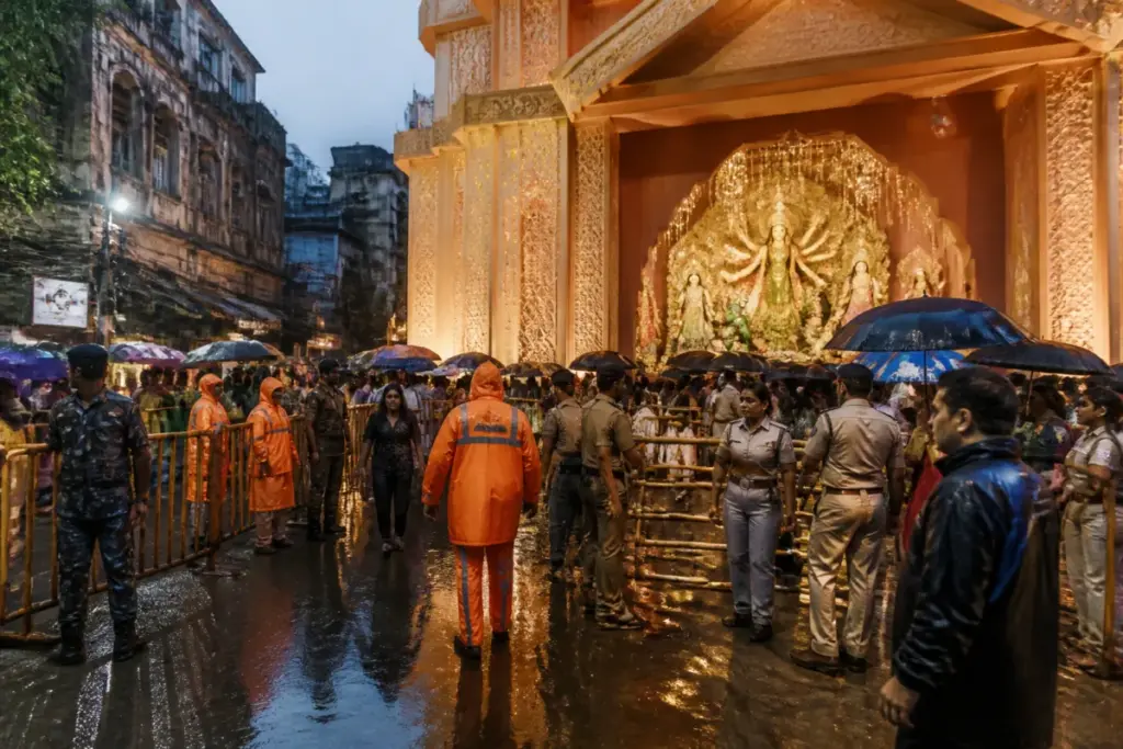 Kolkata puja pandal stampede site with police managing crowds near an illuminated Durga Puja venue