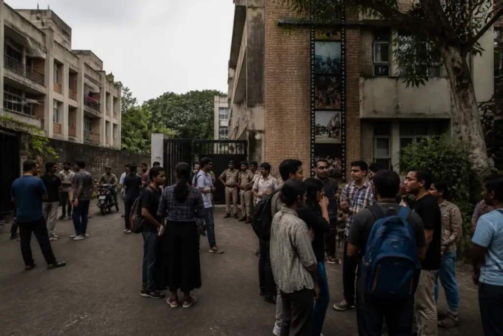 SRFTI students remain on the residential campus during a dispute over campus safety and hostel eviction.