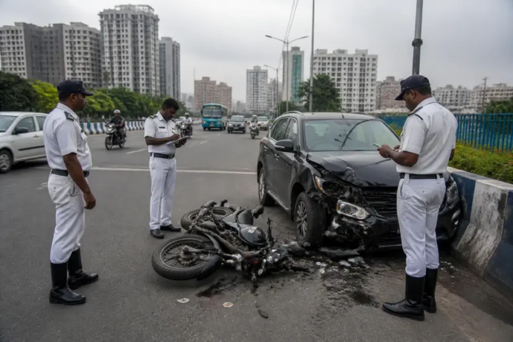Kolkata EM Bypass crash scene near Urbana crossing with a damaged motorcycle and SUV
