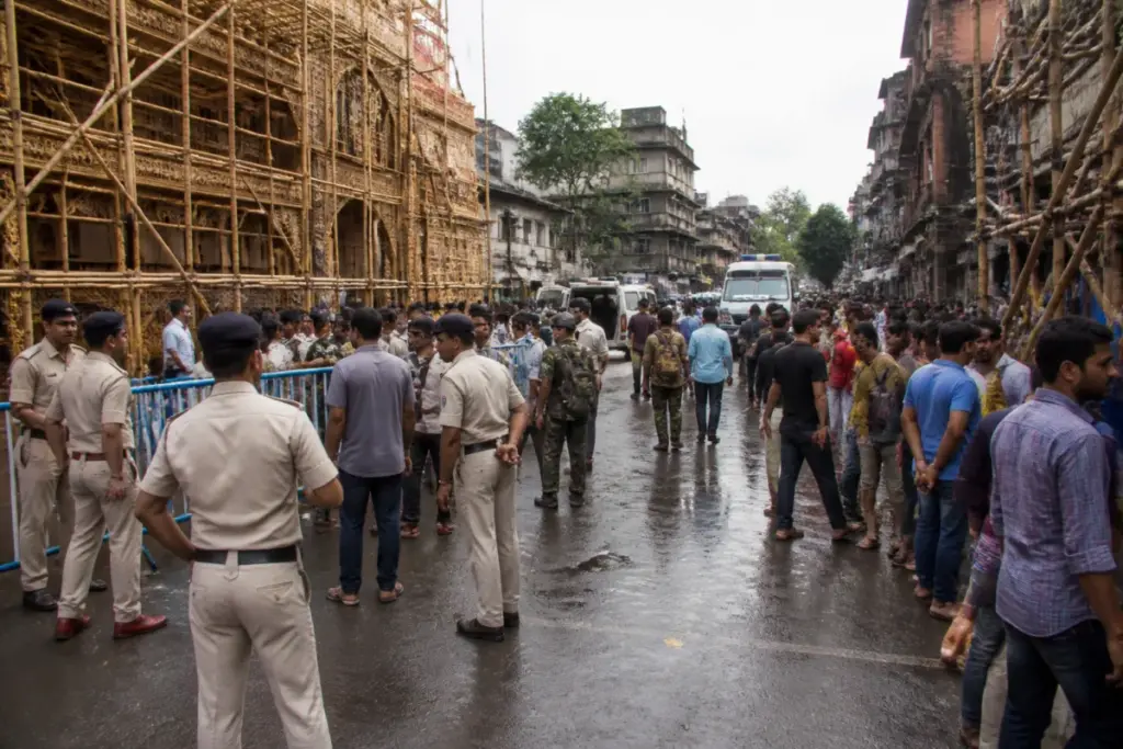 Kolkata puja tragedy aftermath near a crowded Durga Puja pandal in Chorebagan