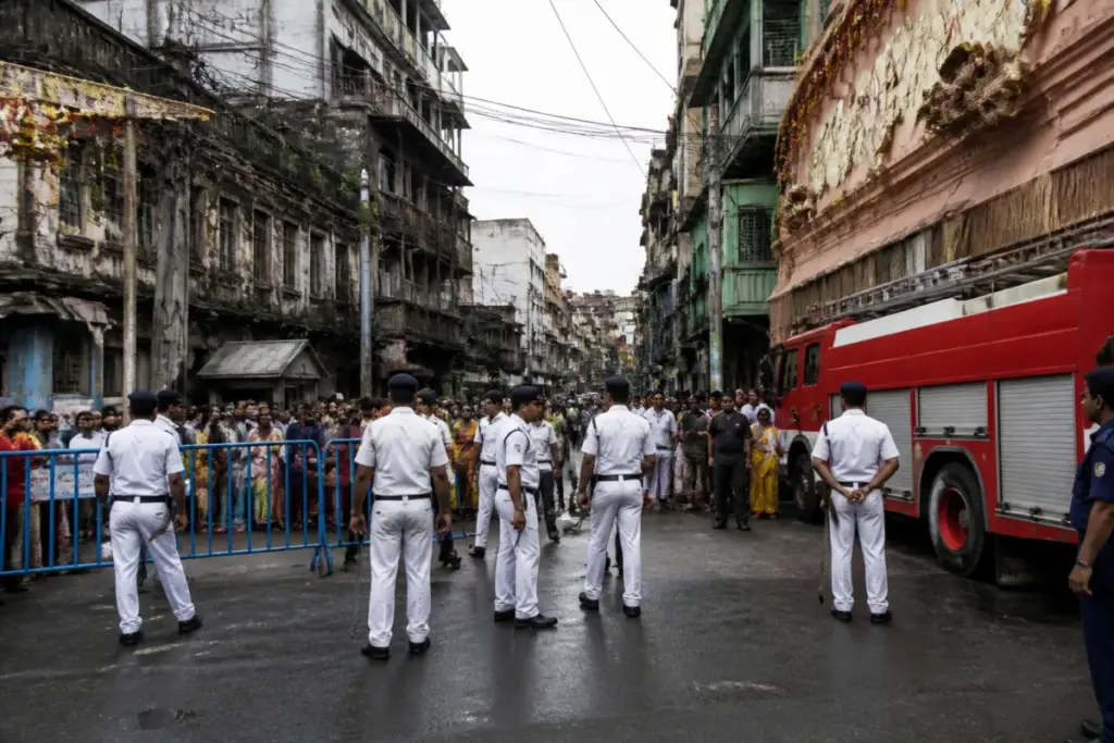 Kolkata Police barricade near the Chorbagan area after a crowd-related incident