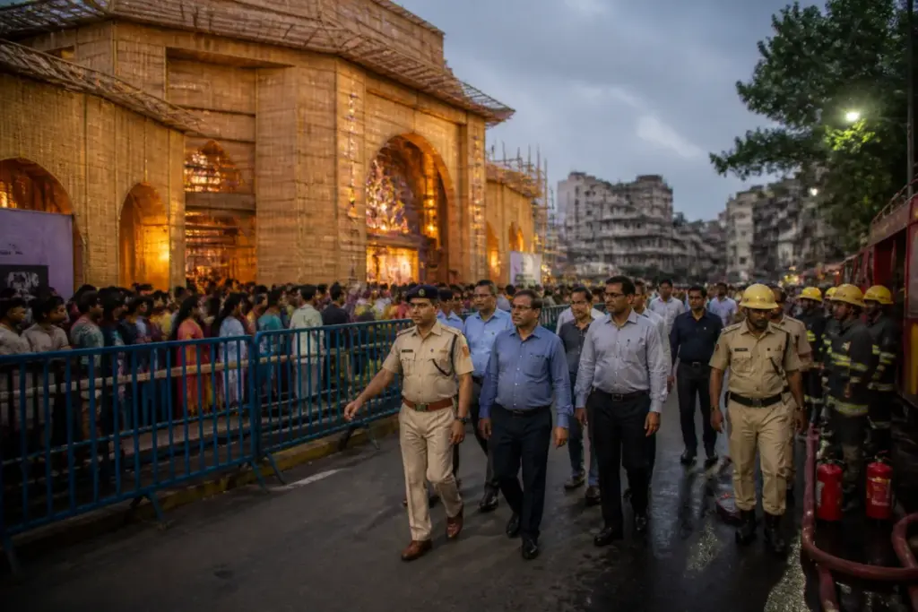 Kolkata Durga Puja safety inspection at a crowded pandal entrance